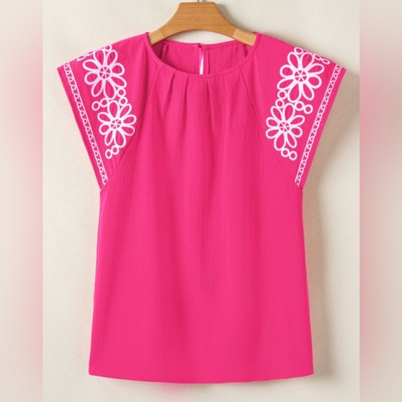 Tops - Pink Embroidered Flutter Sleeve Top